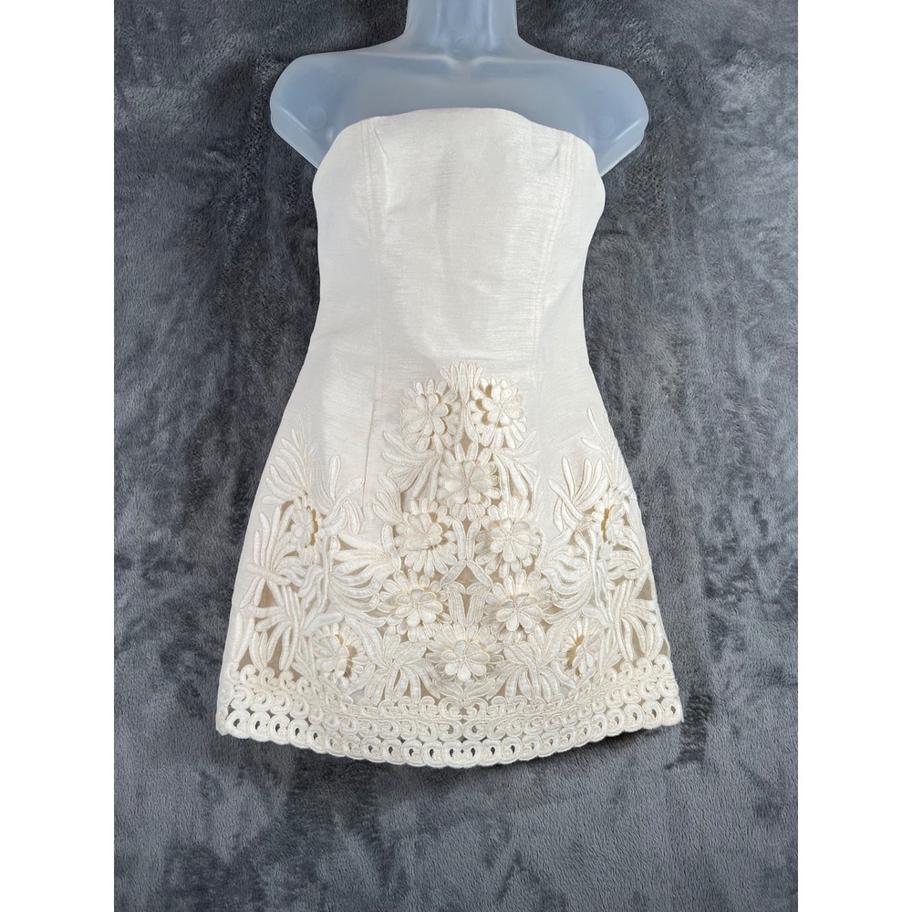 H&M Appliqued Bandeau Mini Dress Medium 3D Floral Ivory Viral Cocktail Party